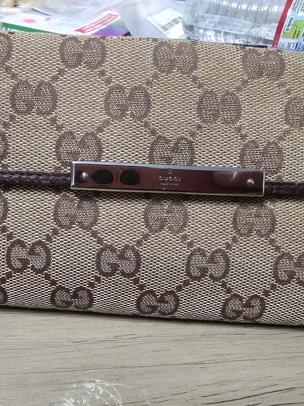 Gucci Brown/Tan GG Canvas Card Case Wallet with Metal Plate